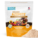 A 3lb bag of Back to the Roots Organic Azomite garden supplement, shown with vegetables and a pile of tan powder, provides trace minerals to boost soil fertility.
