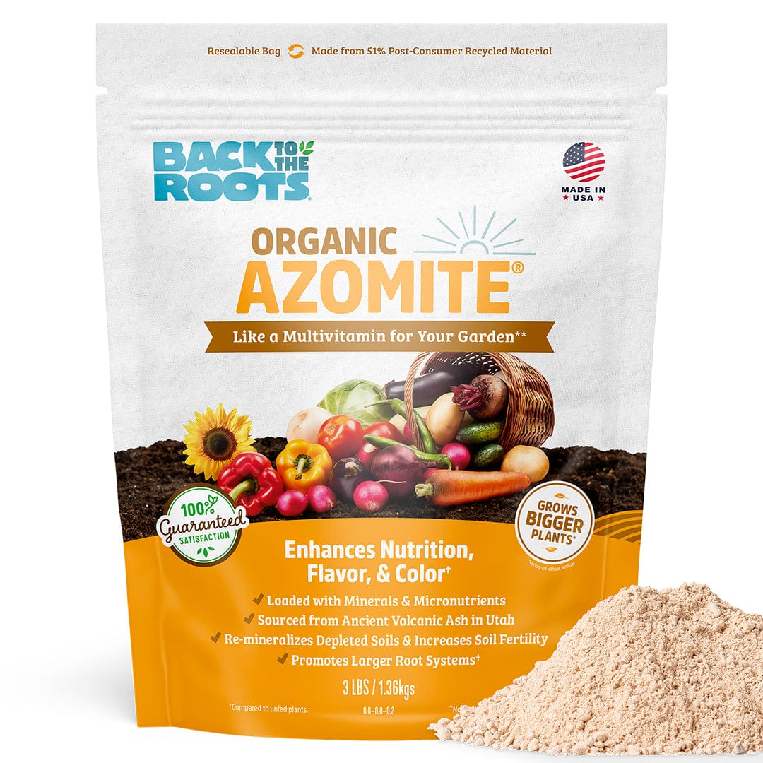 A 3lb bag of Back to the Roots Organic Azomite garden supplement, shown with vegetables and a pile of tan powder, provides trace minerals to boost soil fertility.