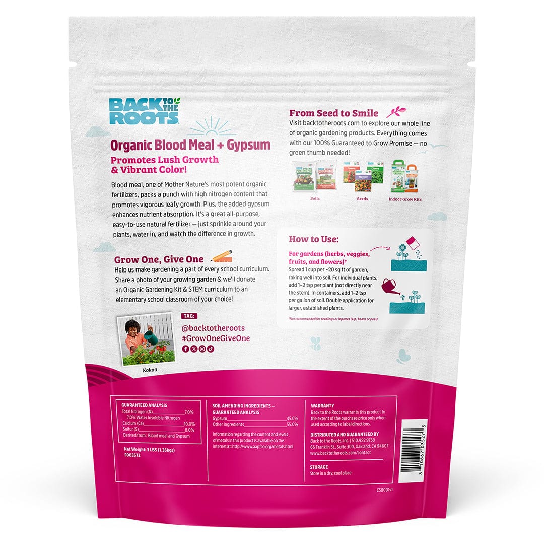 Back of a Back to the Roots Organic Blood Meal with Gypsum (3lb) bag showing high-nitrogen product details, usage directions, and promotional info printed on the organic fertilizer packaging.