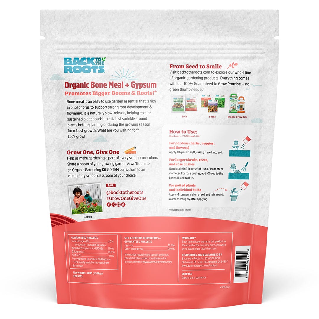 Back of a Back to the Roots Organic Bone Meal with Gypsum (3lb) bag features product info, stronger root growth benefits, usage directions, and details on their “Grow One, Give One” educational initiative.