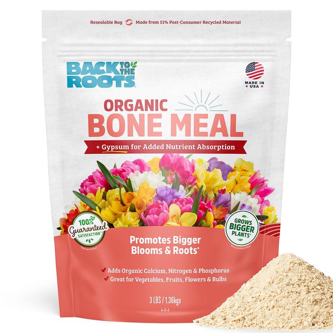 Back to the Roots Organic Bone Meal with Gypsum (3lb) is a garden fertilizer that supports strong root development, shown with colorful flowers and a small pile of bone meal next to the package.