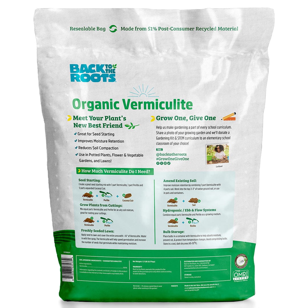 Back to the Roots Organic Vermiculite - Premium Horticultural Grade (8 Quart) comes in a resealable bag with product info, soil conditioning and moisture retention tips, and green-themed graphics on a white background.