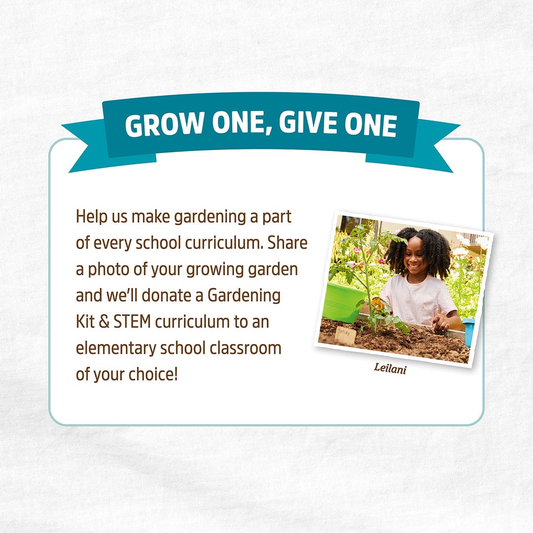 Blue banner with white text "Grow One, Give One" above a promotional card featuring gardening and educational program. - Organic Premium Compost — Manure-Free Blend (1 cu.ft.) 4 Pack — Ready to Use - Default Title - Back to the Roots