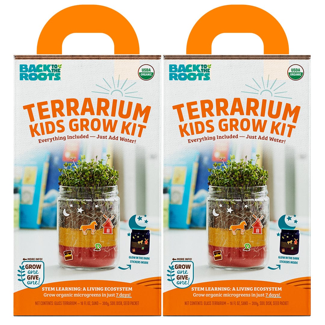 Two colorful organic terrarium kids grow kits in rectangular boxes with orange handles, featuring clear jars filled with. - Organic Terrarium Kids Grow Kit 2pack bundle - Default Title - Back to the Roots