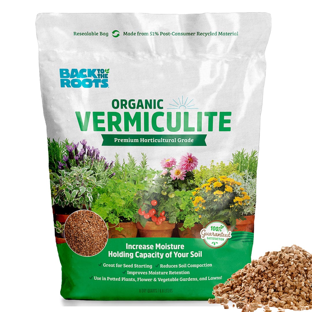 A bag of Back to the Roots Organic Vermiculite - Premium Horticultural Grade (8 Quart) is shown with flowers and vegetables; loose vermiculite is beside the bag. The packaging highlights moisture retention and soil conditioner benefits.