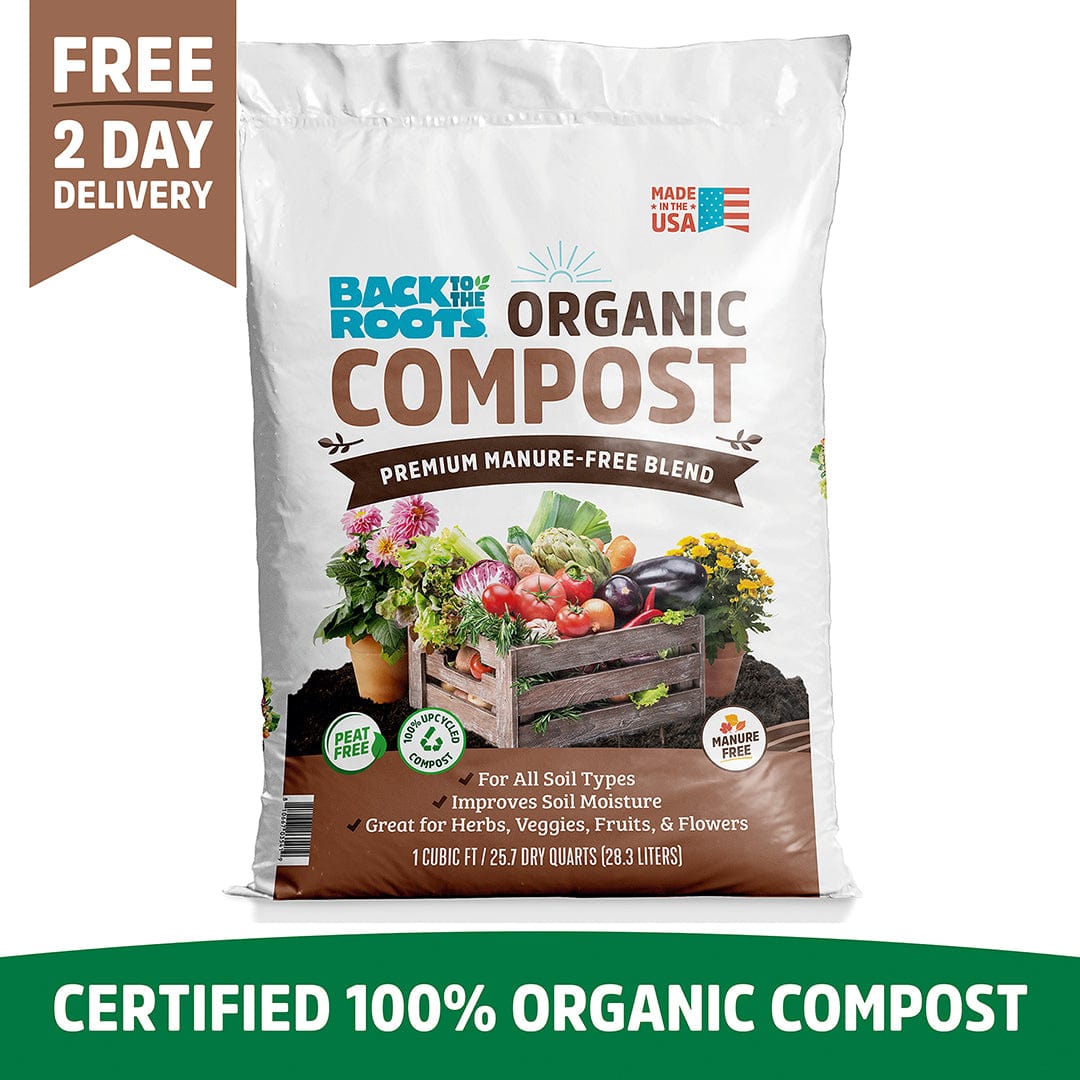 The Back to the Roots Organic Premium Compost — Manure-Free Blend (1 cu.ft.) features fruits and veggies on its packaging, is suitable for all soil types, made in the USA, and ready to use.