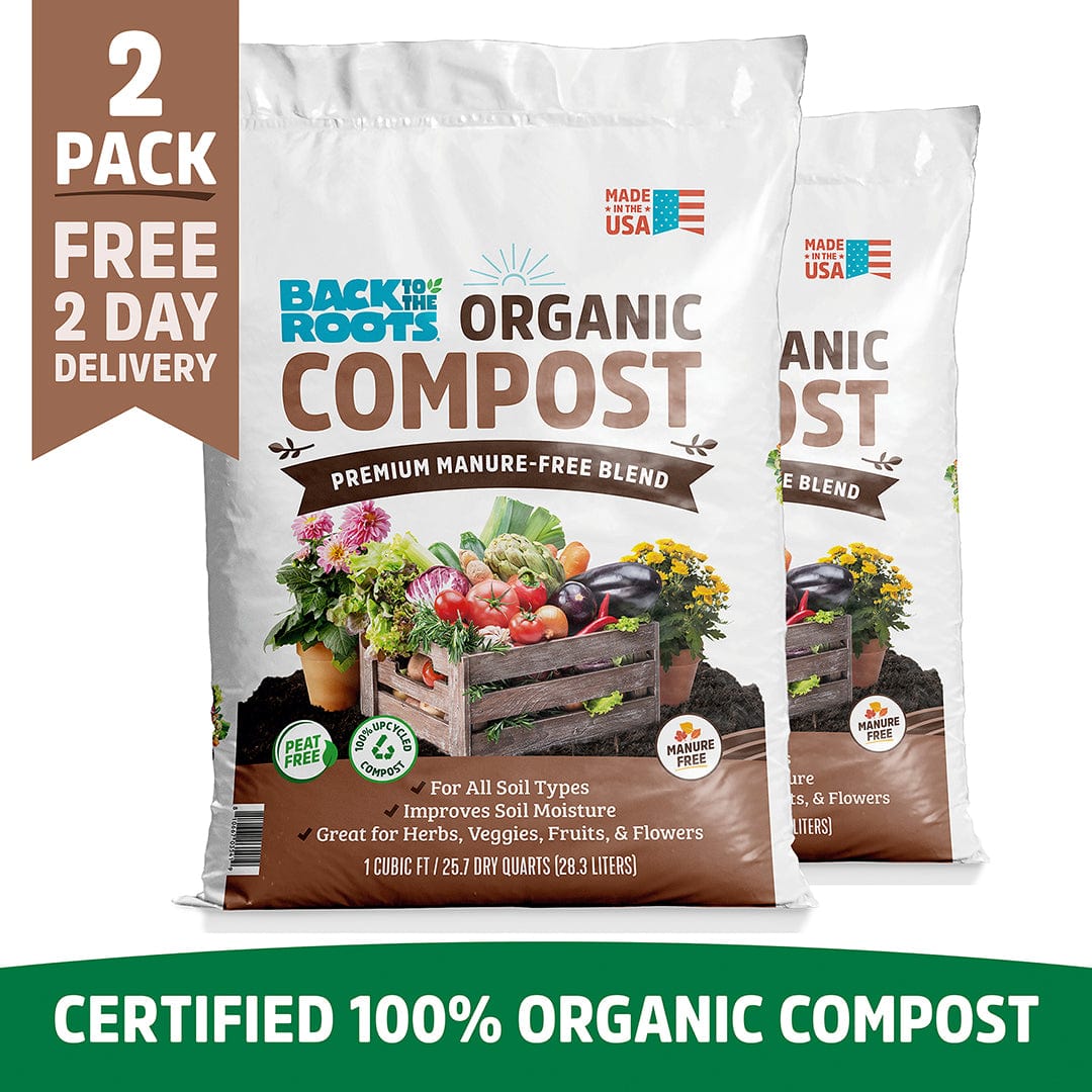Two bags of Back to the Roots Organic Premium Compost — Manure-Free Blend (1 cu.ft.) are shown; certified 100% organic, ready to use, and ideal for herbs, veggies, fruits, and flowers.