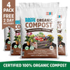 Four white bags of organic premium compost with colorful fruits and vegetables illustration on front, labeled 1 cubic foot. - Organic Premium Compost — Manure-Free Blend (1 cu.ft.) 4 Pack — Ready to Use - Default Title - Back to the Roots