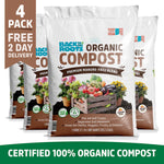 Four white bags of organic premium compost with colorful fruits and vegetables illustration on front, labeled 1 cubic foot. - Organic Premium Compost — Manure-Free Blend (1 cu.ft.) 4 Pack — Ready to Use - Default Title - Back to the Roots