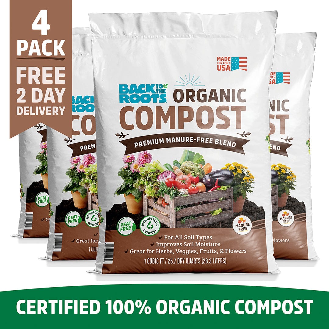 Four white bags of organic premium compost with colorful fruits and vegetables illustration on front, labeled 1 cubic foot. - Organic Premium Compost — Manure-Free Blend (1 cu.ft.) 4 Pack — Ready to Use - Default Title - Back to the Roots