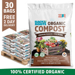 White bag of Back to the Roots organic compost with colorful fresh vegetables and flowers on label, stacked pallet of 30. - Organic Premium Compost — Manure-Free Blend (30 1 cu.ft. Bags) — Ready to Use - Default Title - Back to the Roots