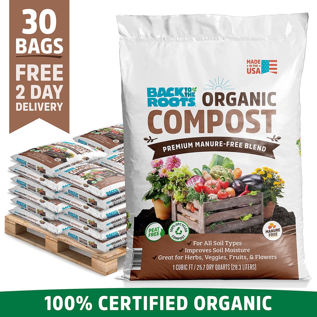 White bag of Back to the Roots organic compost with colorful fresh vegetables and flowers on label, stacked pallet of 30. - Organic Premium Compost — Manure-Free Blend (30 1 cu.ft. Bags) — Ready to Use - Default Title - Back to the Roots