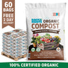 Stack of 60 white bags of organic compost with colorful vegetables and flowers on the front label, highlighting premium. - Organic Premium Compost — Manure-Free Blend (60 1 cu.ft. Bags) — Ready to Use - Default Title - Back to the Roots