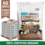 Stack of 60 white bags of organic compost with colorful vegetables and flowers on the front label, highlighting premium. - Organic Premium Compost — Manure-Free Blend (60 1 cu.ft. Bags) — Ready to Use - Default Title - Back to the Roots