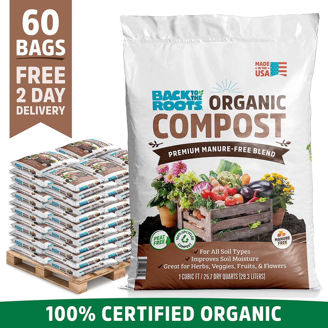 Stack of 60 white bags of organic compost with colorful vegetables and flowers on the front label, highlighting premium. - Organic Premium Compost — Manure-Free Blend (60 1 cu.ft. Bags) — Ready to Use - Default Title - Back to the Roots