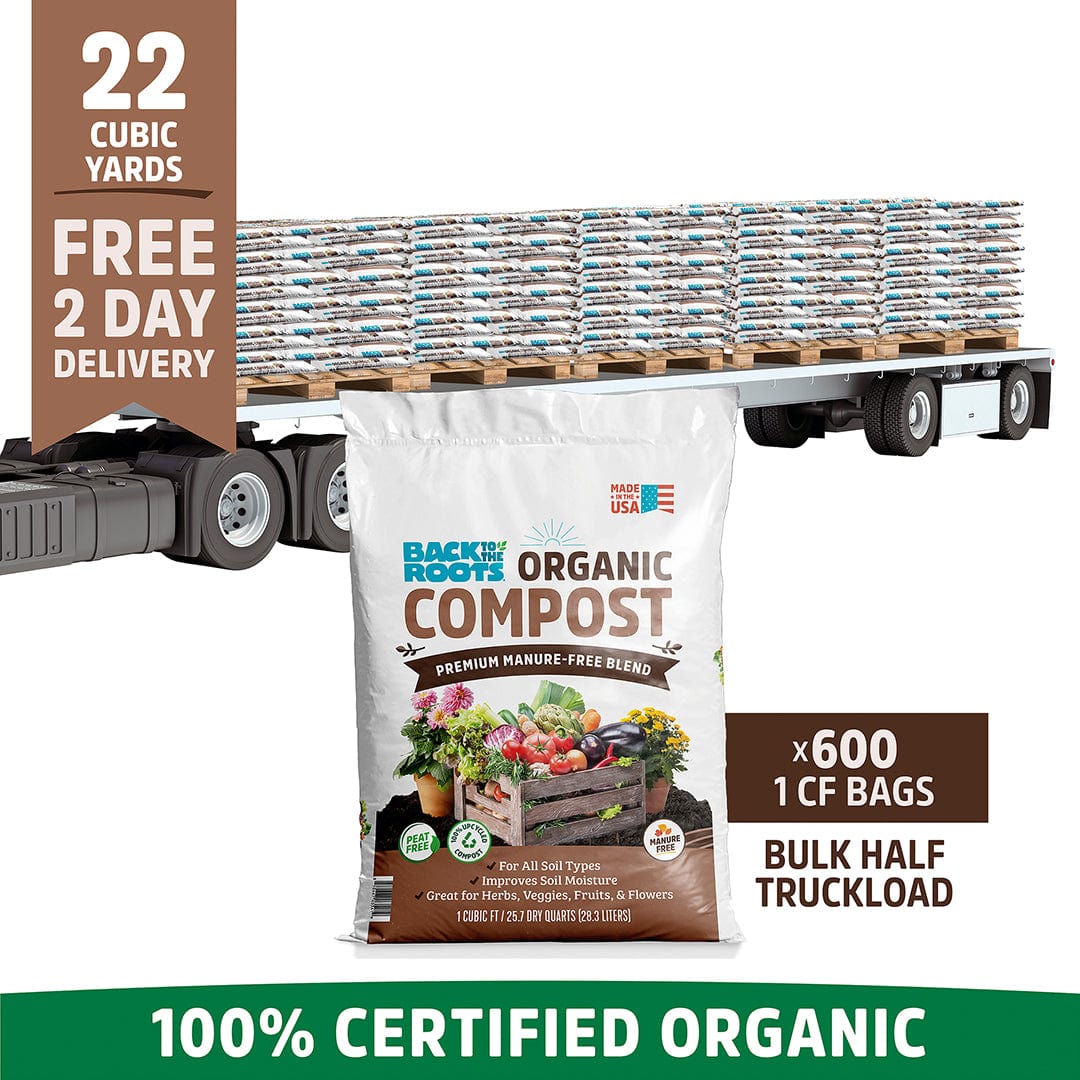 A half truckload (22 cubic yards / 600 1CF bags) of Back to the Roots Organic Compost is eligible for free two-day delivery.