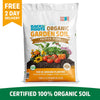 A 1 cu.ft. bag of Back to the Roots Organic Premium Blend Garden Soil, featuring vegetables and flowers on the package, is labeled as certified 100% organic, natural garden soil made in the USA.