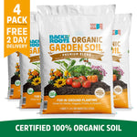 Four bags of Back to the Roots Organic Premium Blend Garden Soil 1 cu.ft. – 100% organic, peat free, made in the USA – ideal for in-ground planting.