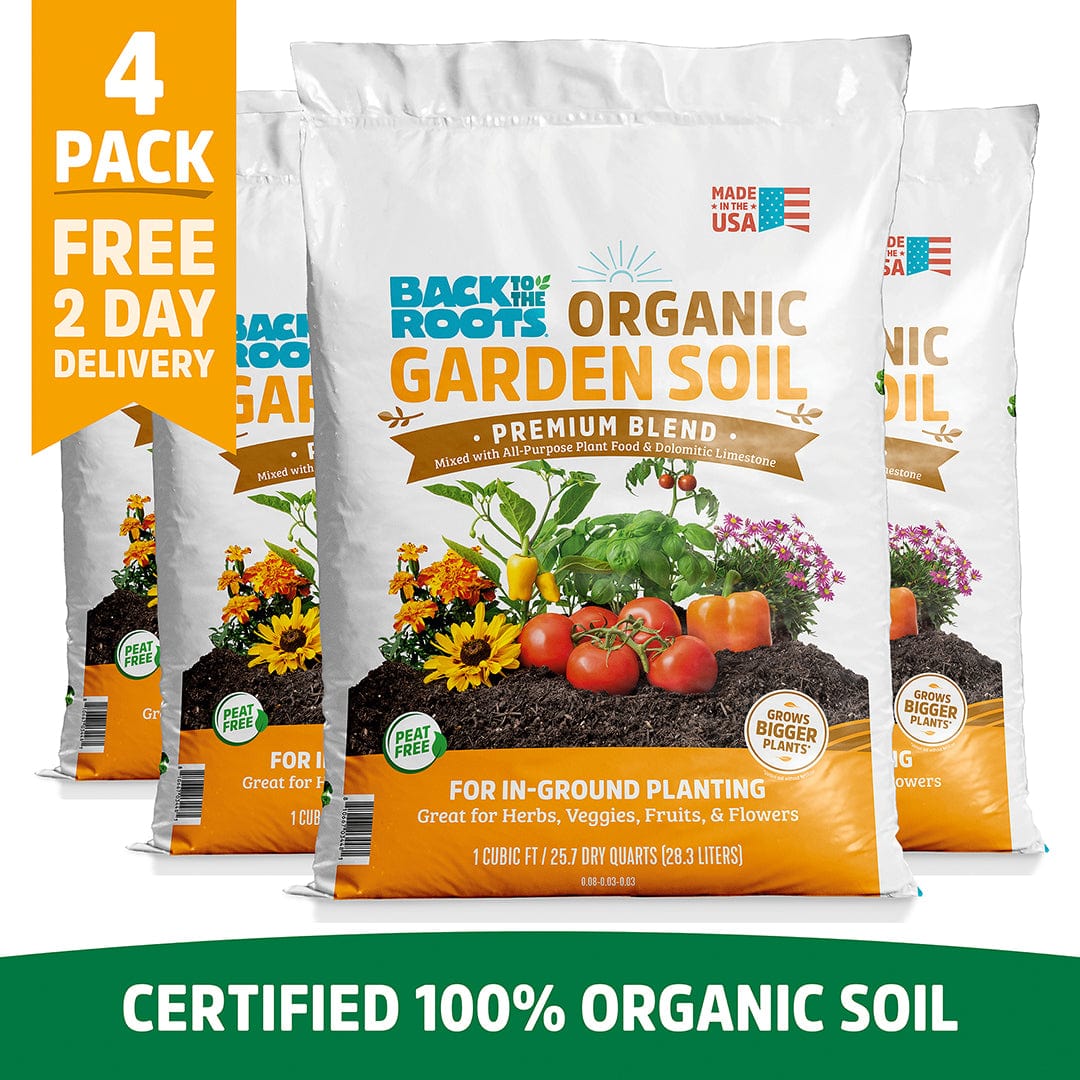 Four bags of Back to the Roots Organic Premium Blend Garden Soil 1 cu.ft. – 100% organic, peat free, made in the USA – ideal for in-ground planting.