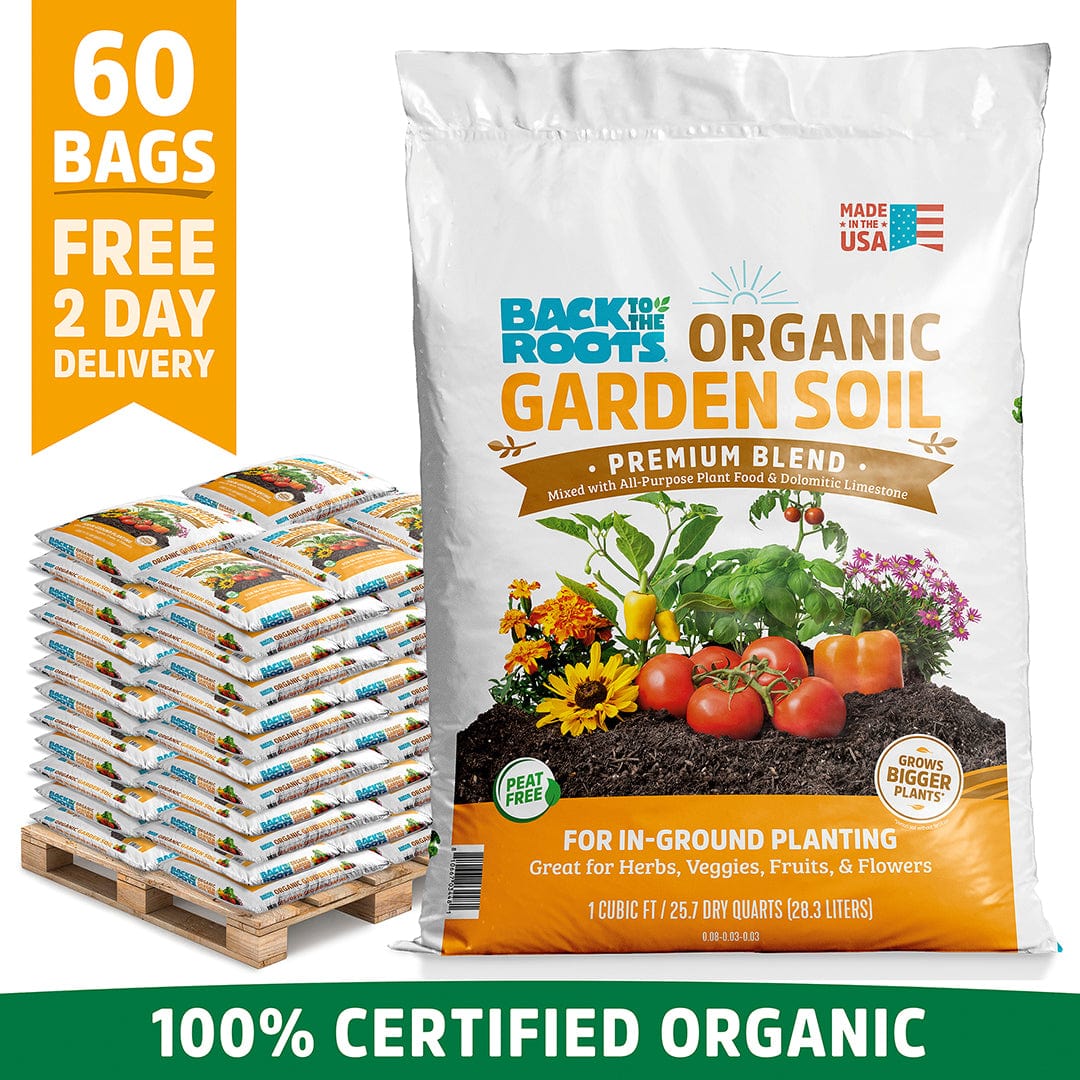 A bulk pallet of Back to the Roots Organic Bulk Garden Soil (60 1 cu. ft. bags) is shown beside a single bag; text highlights free 2-day delivery, fully certified organic, and peat-free soil.