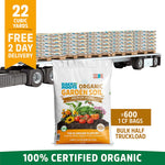 A flatbed truck loaded with Back to the Roots Organic Garden Soil: Bulk Half Truckload 22 Cubic Yards (10 pallets | 600 1CF bags), 100% certified organic and enriched with natural plant food.