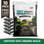 Ten-pack of white bags labeled Organic Premium Mulch with garden landscaping visuals and product details. - Organic Premium Mulch — Natural Wood (1 cubic ft) 10 Pack — Ready to Use - Default Title - Back to the Roots