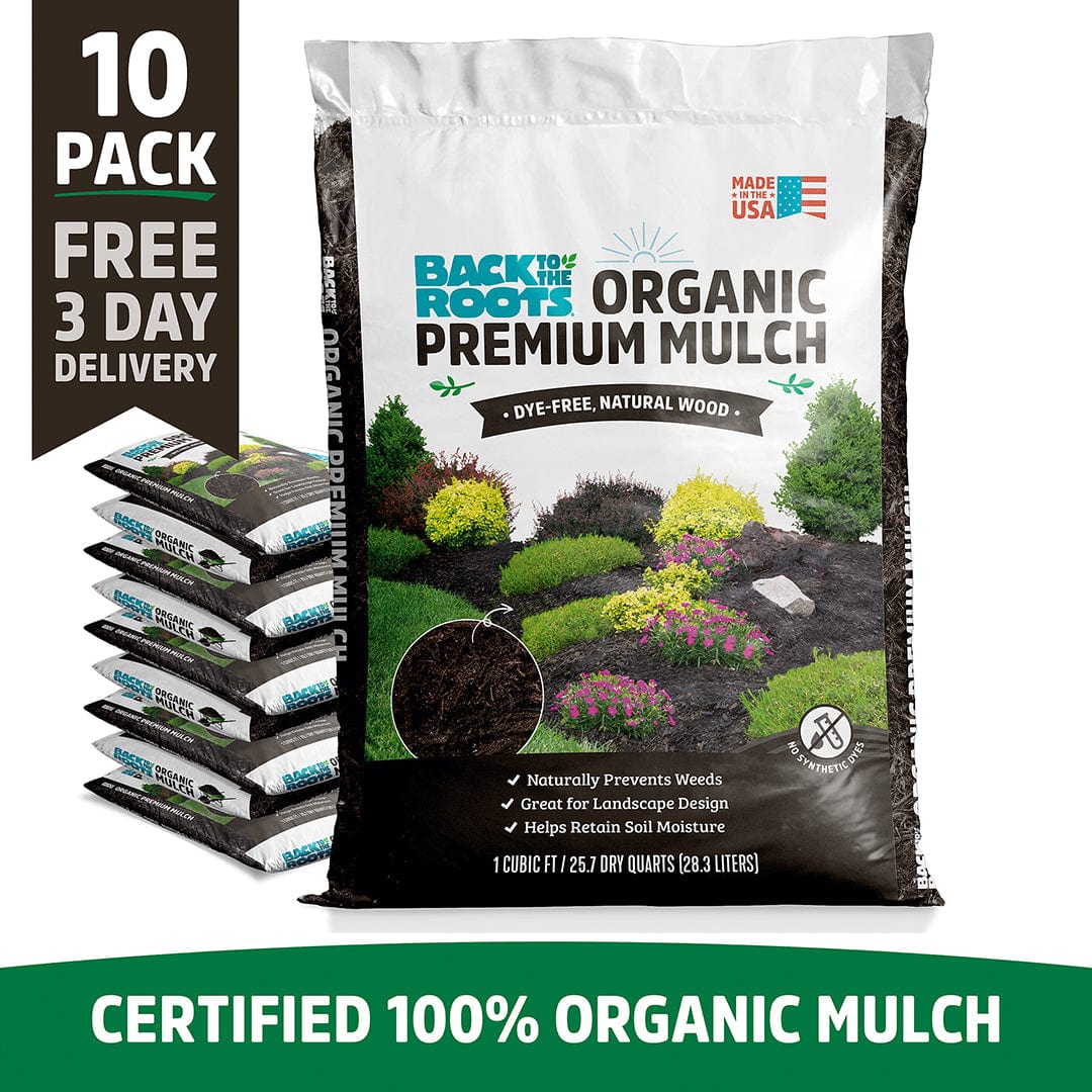 Ten-pack of white bags labeled Organic Premium Mulch with garden landscaping visuals and product details. - Organic Premium Mulch — Natural Wood (1 cubic ft) 10 Pack — Ready to Use - Default Title - Back to the Roots