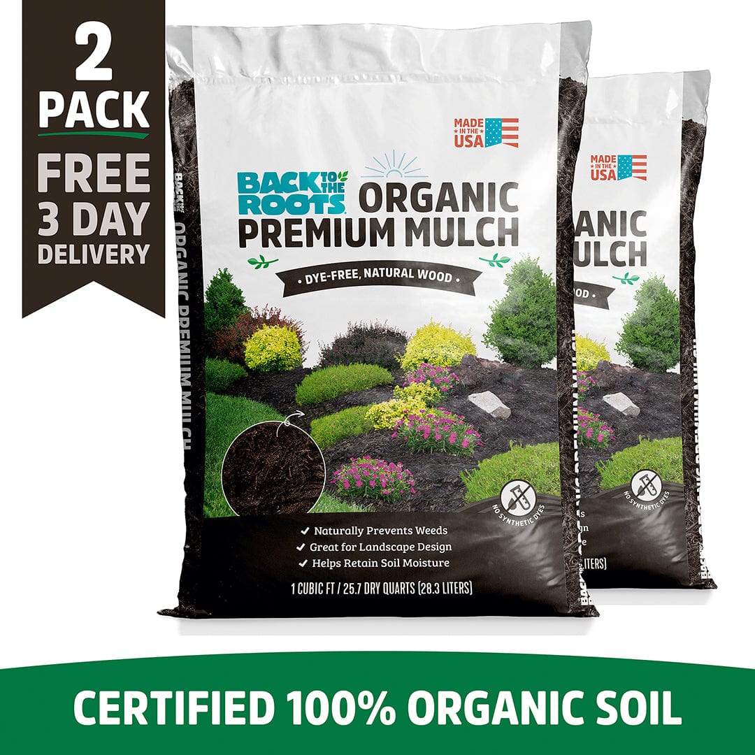 Two bags of Back to Roots Organic Premium Mulch with landscaping illustration on front and certified 100% organic soil banner. - Organic Premium Mulch — Natural Wood (1 cubic ft) 2 Pack — Ready to Use - Default Title - Back to the Roots