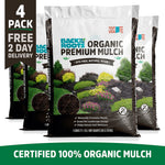 Four bags of organic premium mulch with natural wood texture in dark brown, labeled for landscaping use, arranged side by. - Organic Premium Mulch — Natural Wood (1 cu.ft.) 4 Pack — Ready to Use - Default Title - Back to the Roots