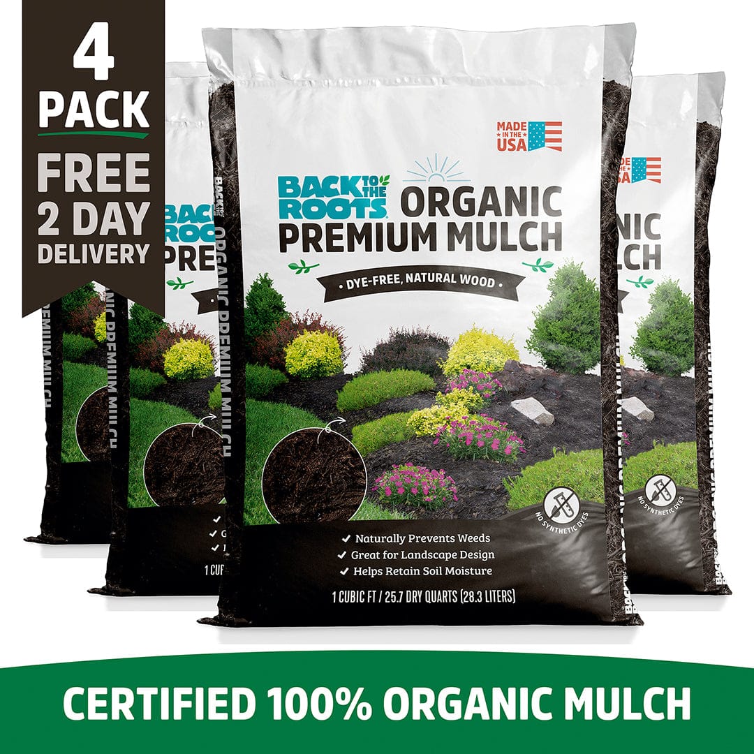 Four bags of organic premium mulch with natural wood texture in dark brown, labeled for landscaping use, arranged side by. - Organic Premium Mulch — Natural Wood (1 cu.ft.) 4 Pack — Ready to Use - Default Title - Back to the Roots