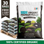 Stack of 30 white bags of organic premium natural wood mulch on a wooden pallet, labeled with green and brown text and. - Organic Premium Mulch — Natural Wood (30 1 cu.ft. Bags) – Ready to Use - Default Title - Back to the Roots