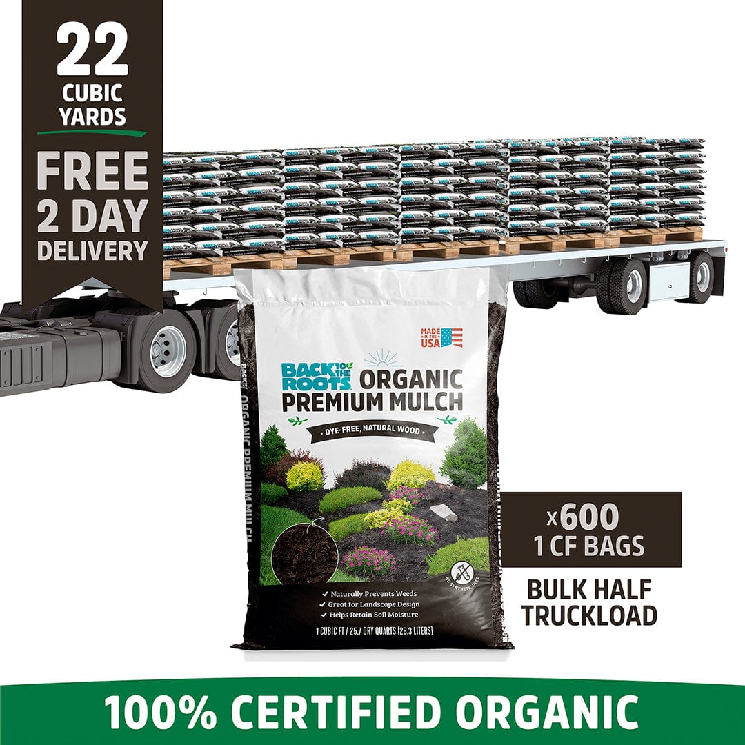 Back to the Roots Organic Mulch: Bulk Half Truckload includes 22 cubic yards (600 bags on 10 pallets); 100% certified organic, promotes weed prevention, and comes with free 2-day delivery for your landscape.