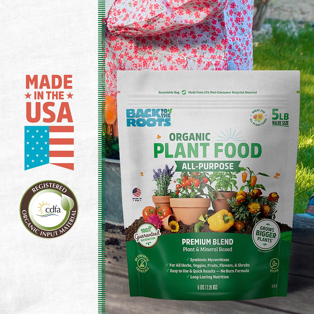 A 5 lb. value size bag of Back to the Roots Organic All-Purpose Plant Food stands outdoors, showcasing "Made in the USA" and "CDFA registered" labels—ideal for naturally nourishing your garden.