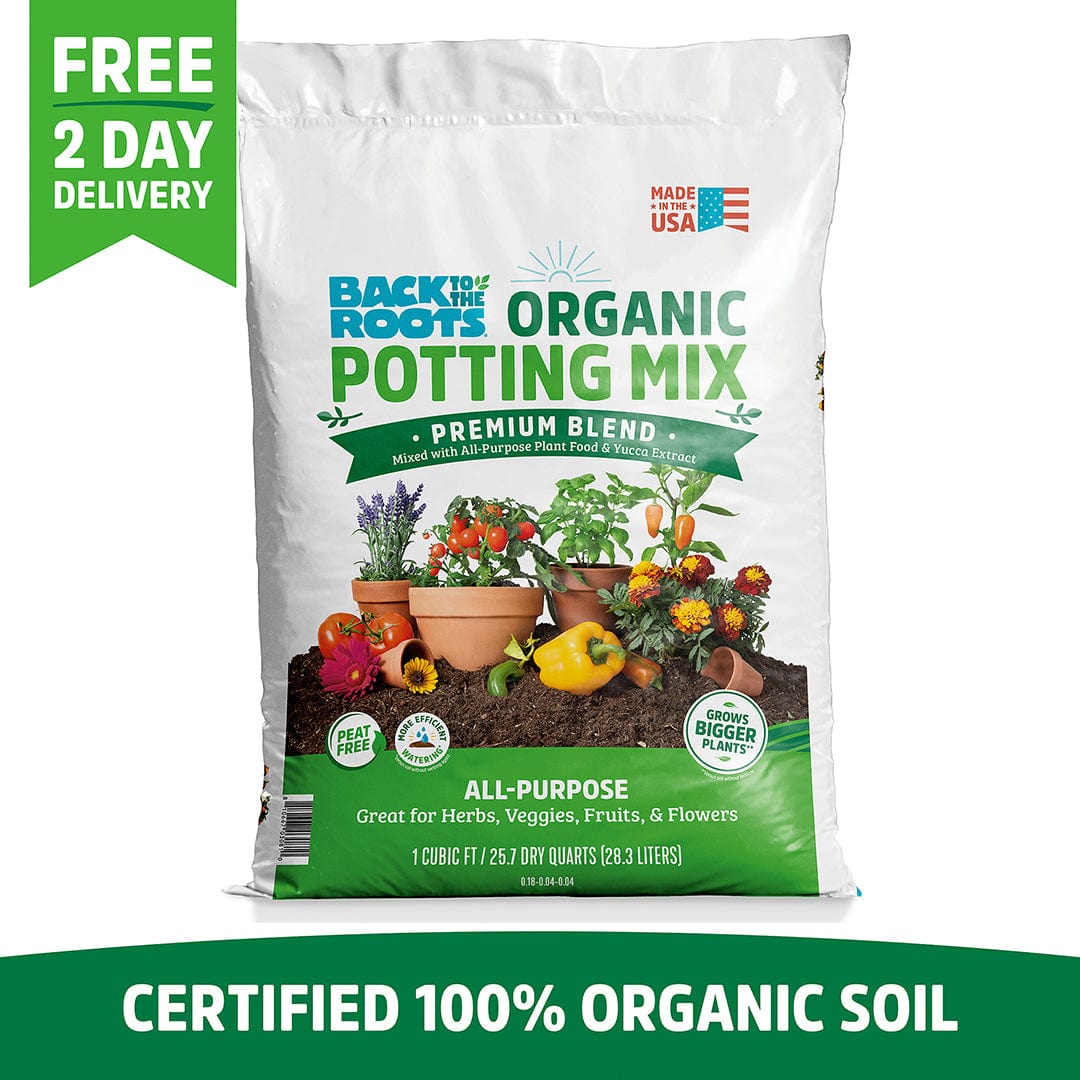A 1 cu.ft. bag of Back to the Roots Organic Premium Blend Potting Mix—certified 100% organic, this all-purpose soil is perfect for growing herbs, veggies, fruits, and flowers.