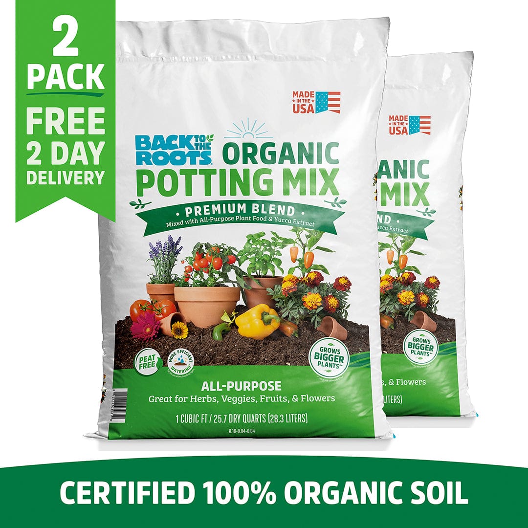 Two bags of Back to the Roots Organic Premium Blend Potting Mix (1 cu.ft. each). 2 pack, certified 100% organic, with fast free 2-day delivery. Ideal for all-purpose gardening—features plant and vegetable images on the packaging.