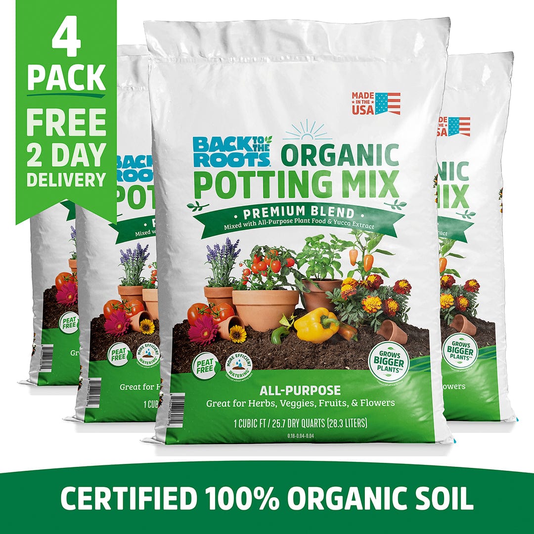 Four bags of Back to the Roots Organic Premium Blend Potting Mix (1 cu.ft. each) are shown, labeled as 100% organic, all-purpose soil in a 4-pack, with free 2-day delivery.