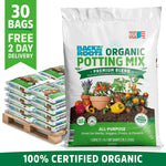 A pallet of Back to the Roots Organic Bulk Potting Mix (30 1 cu. ft. bags) is displayed. Text highlights free 2-day delivery and 100% certified organic, peat-free soil.
