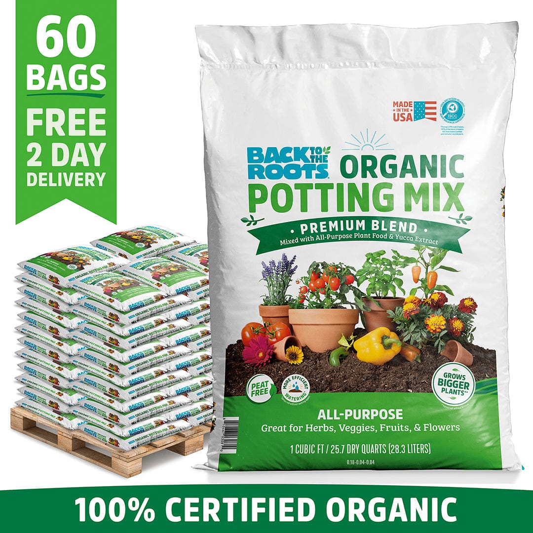 A bulk pallet of Back to the Roots Organic Bulk Potting Mix includes 60 1 cu. ft. bags of organic, all-purpose, peat-free soil, ideal for various plants and certified organic.