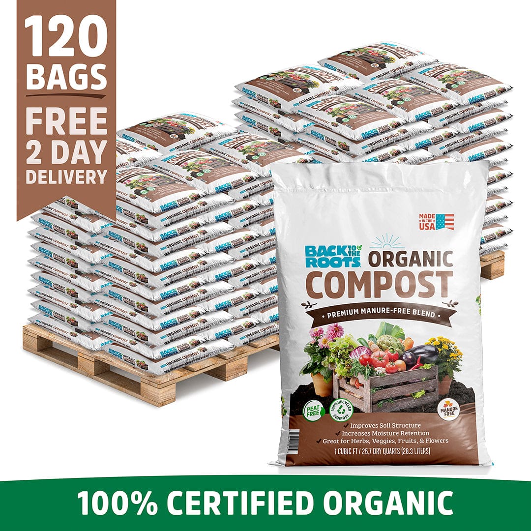 A pallet with 120 bags of Back to the Roots Organic Premium Compost — Manure-Free Blend (1 cu. ft. each) is shown, highlighting key features and offering free 2-day delivery.