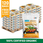 Stack of 120 white bags of organic garden soil with colorful vegetable graphics on front, displayed on wooden pallets. - Organic Bulk Garden Soil (120 1 cu. ft. Bags) - Default Title - Back to the Roots