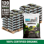 A pallet with 120 bags of Back to the Roots Organic Premium Mulch—Natural Wood (1 cu. ft. each), labeled 100% certified organic, ready to use for effective weed prevention.