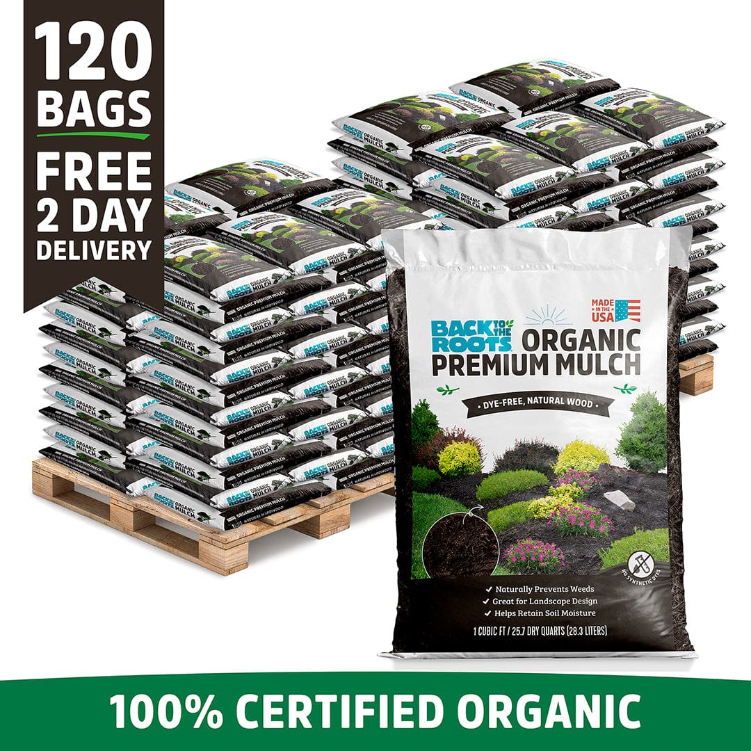 A pallet with 120 bags of Back to the Roots Organic Premium Mulch—Natural Wood (1 cu. ft. each), labeled 100% certified organic, ready to use for effective weed prevention.