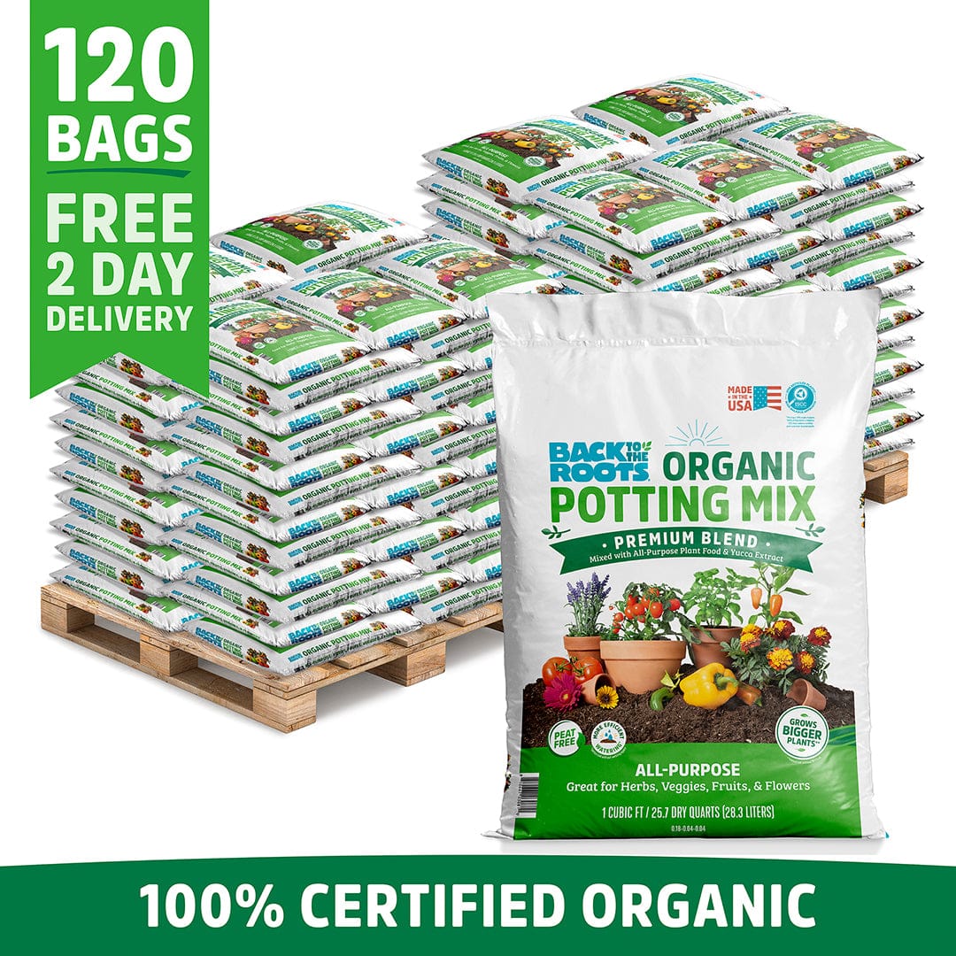 Stack of white and green bags labeled Organic Potting Mix arranged on a wooden pallet with one bag upright showing gardening - Organic Potting Mix (120 1 cu. ft. Bags) - Default Title - Back to the Roots