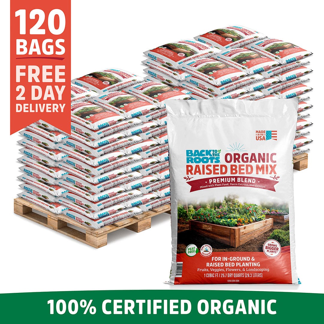 Stack of white and red bags labeled Organic Raised Bed Mix, each bag one cubic foot, arranged on wooden pallets, with. - Organic Raised Bed Soil (120 1 cu. ft. Bags) - Default Title - Back to the Roots