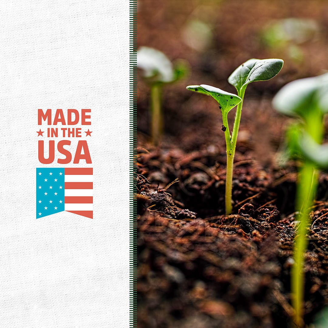 Young green plant sprouting from rich, dark organic soil with "Made in the USA" text and flag badge on the side. - Organic Bulk Steer Manure (30 1 cu.ft. Bags) - Default Title - Back to the Roots