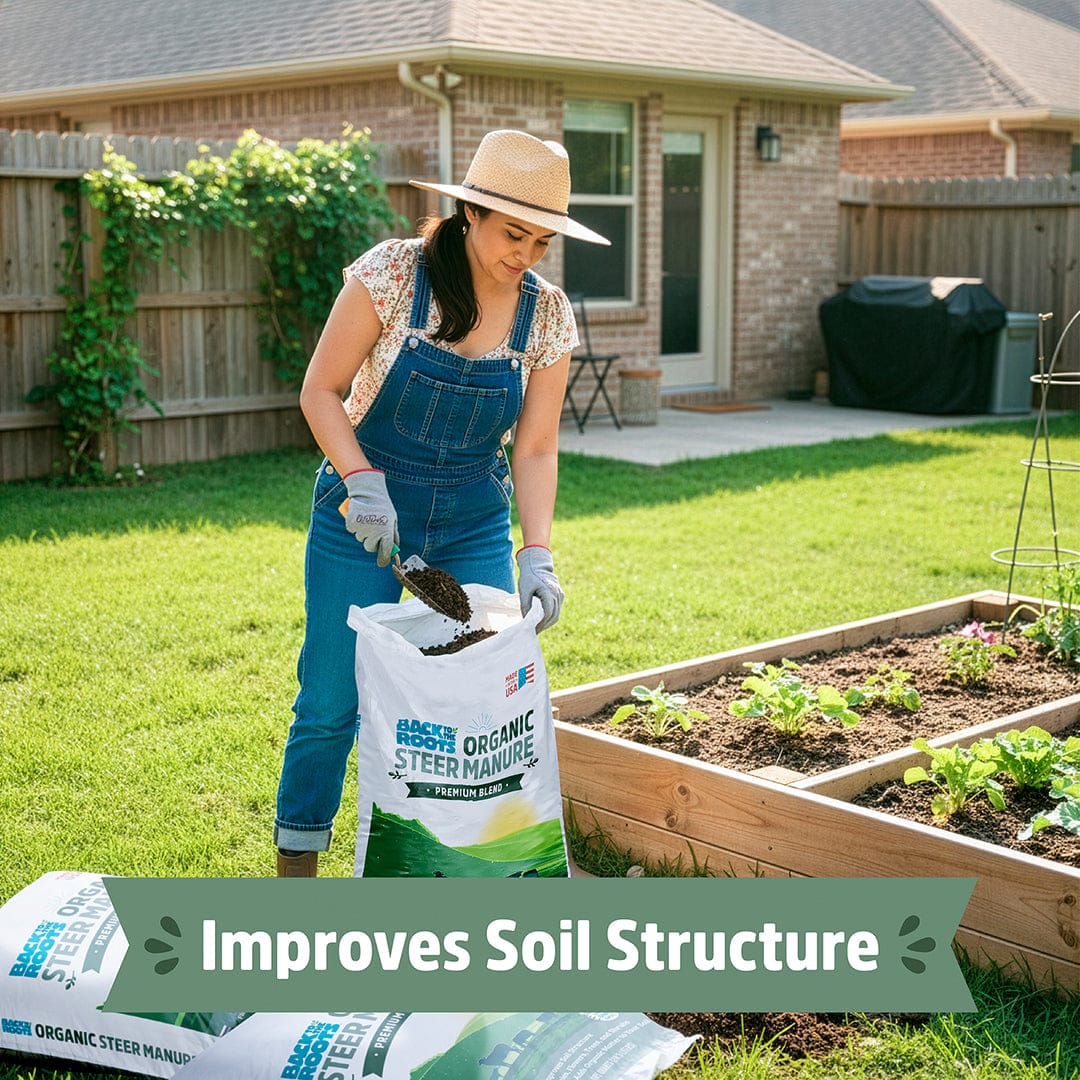 Woman in denim overalls and hat scooping dark organic bulk steer manure from a white 1 cu.ft. - Organic Bulk Steer Manure (30 1 cu.ft. Bags) - Default Title - Back to the Roots