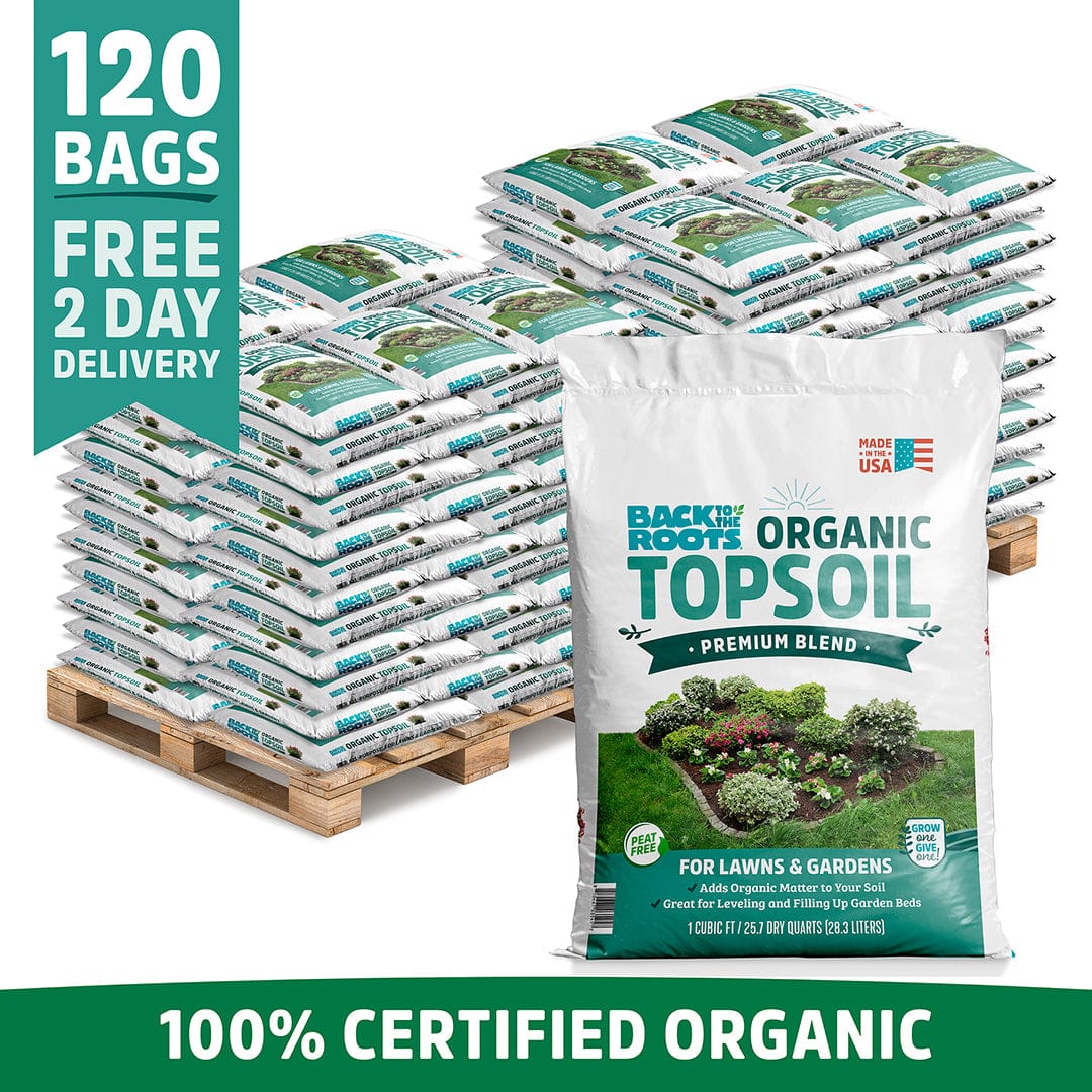 Stack of 120 white bags of organic topsoil on wooden pallets with green and blue labeling showing garden plants. - Organic Bulk Topsoil (120 1 cu.ft. Bags) - Default Title - Back to the Roots