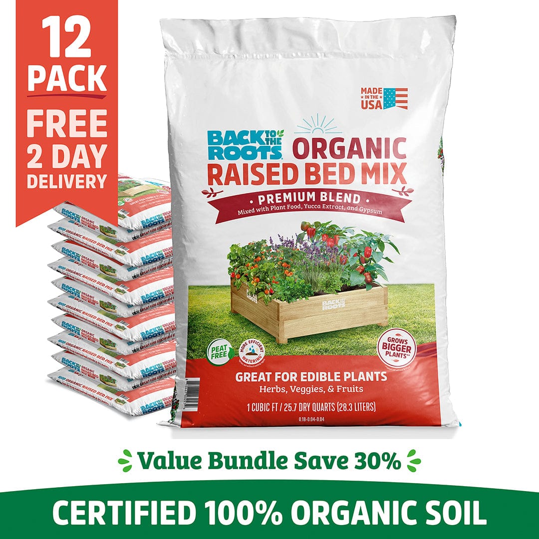 Back to the Roots Organic Premium Blend Raised Bed Mix 1 cu.ft., 12 Pack—premium, 100% organic soil for edible plants and vegetables; features a garden bed image on the bag.