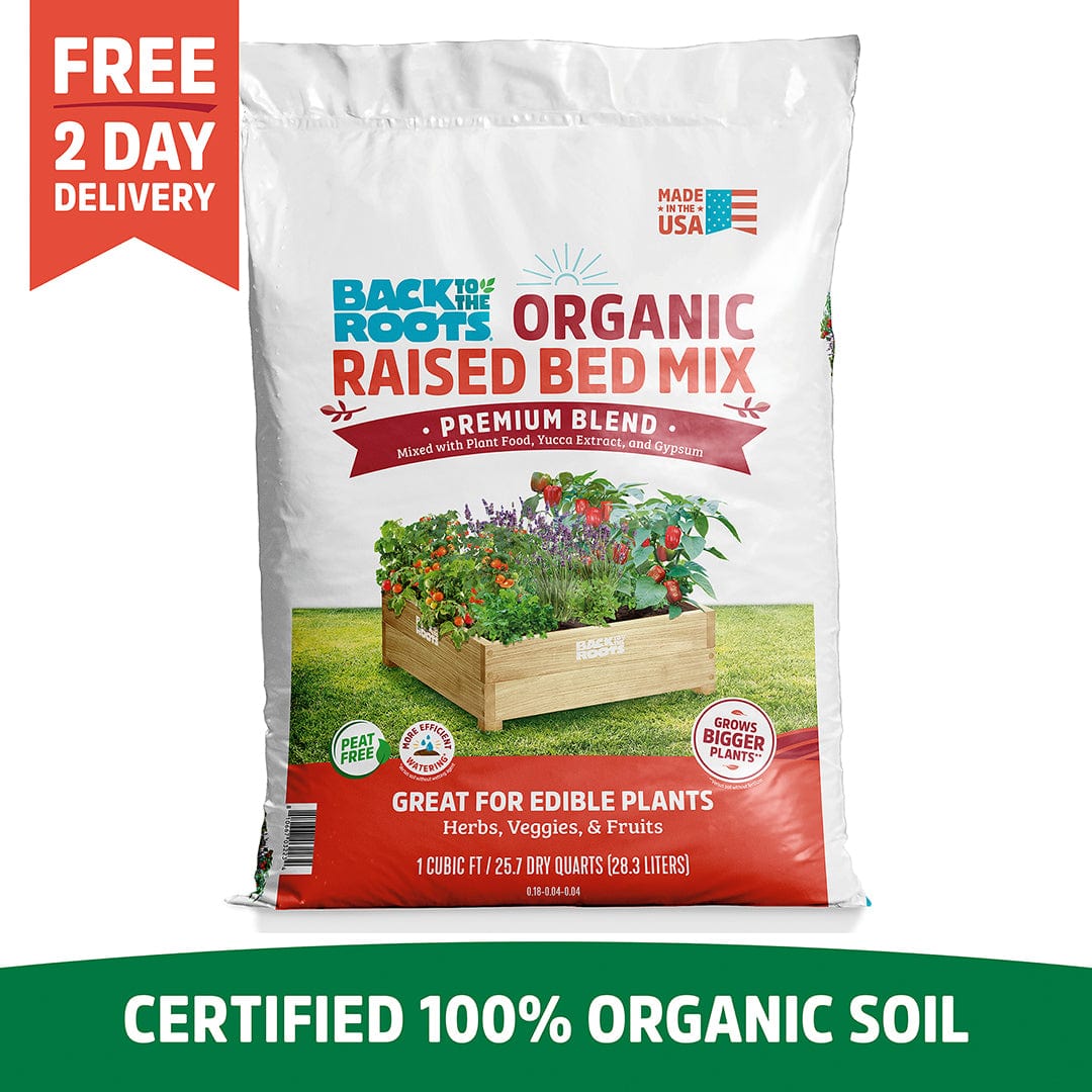 A bag of Back to the Roots Organic Premium Blend Raised Bed Mix 1 cu.ft. with a garden bed image, labeled as certified 100% organic raised bed mix for edible plants.