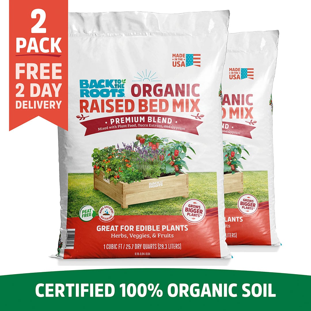 Two bags of Back to the Roots Organic Premium Blend Raised Bed Mix 1 cu.ft. – 2 Pack, certified 100% organic soil for edible plants.